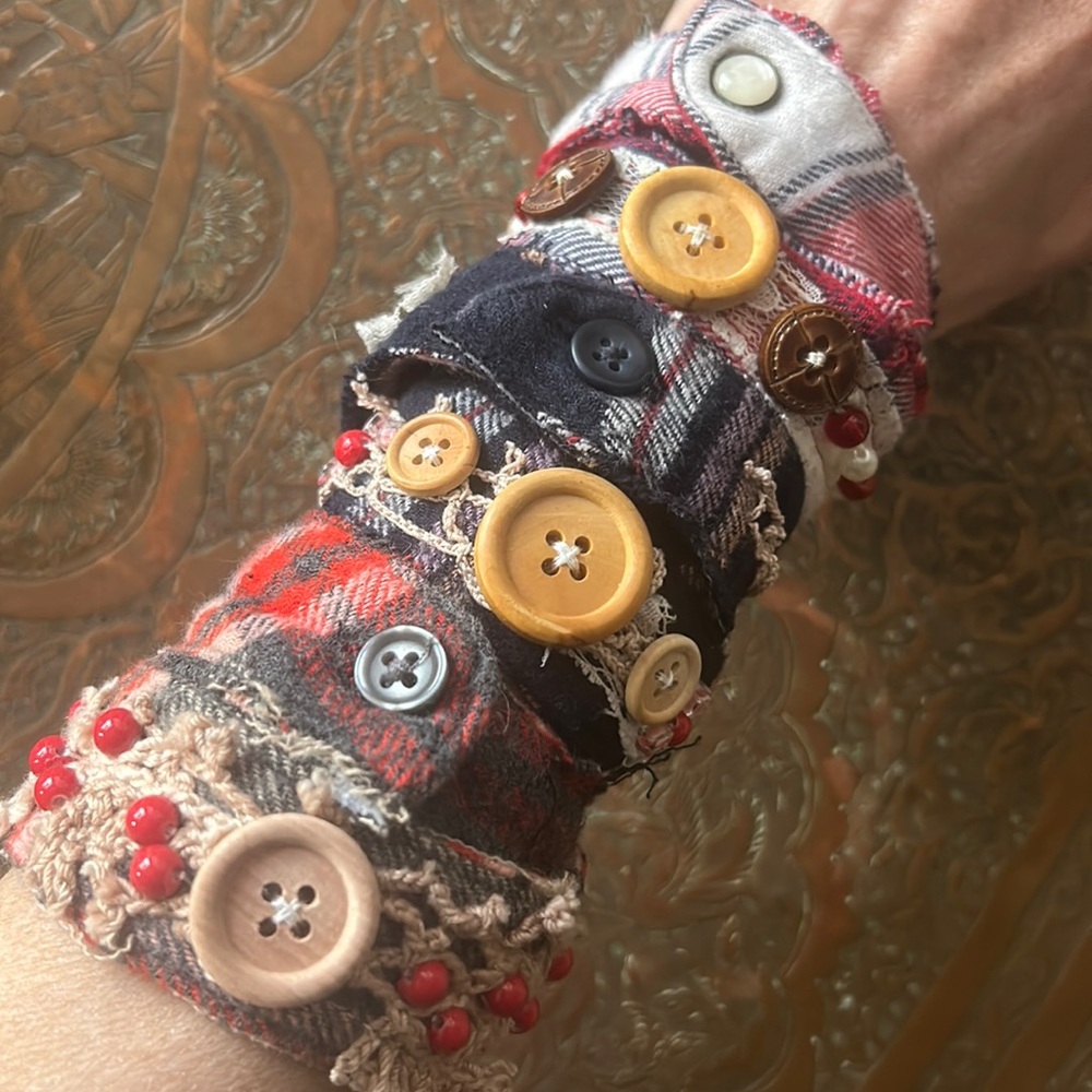 Handmade upcycled lace button & bead stackable flannel fabric wrap bracelets